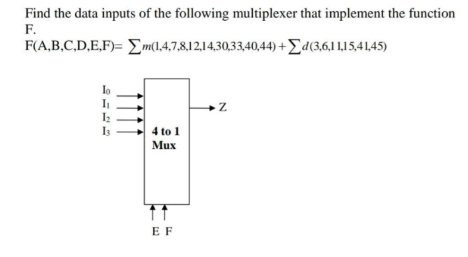 Find The Data Inputs Of The Following Multiplexer That Implement The Function F F A B C D E F M 1 4 7 8 12 14 30 33 40 44 D 3 6 11 15 41 45 Lo 1 12 13 Z 4 To 1 Mux 11 Ef Wegglab