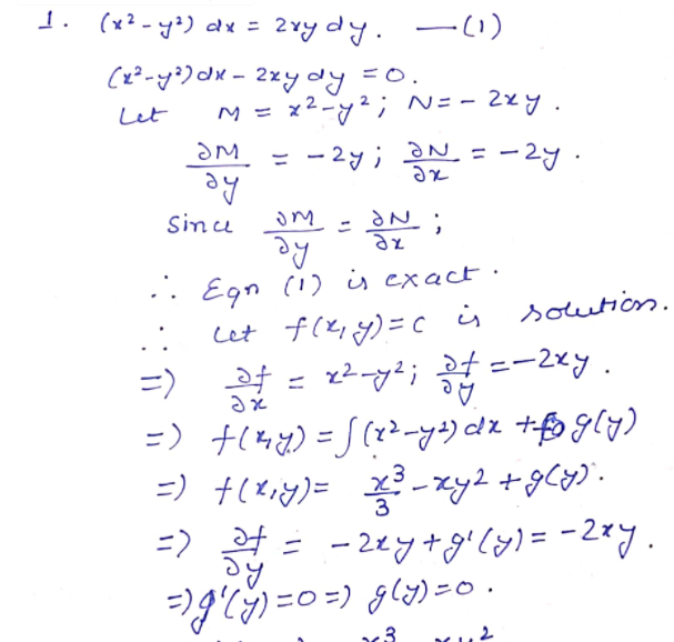Solve The Following Differential Equations 1 X2 Y2 Dx 2xy Dy 3 Xly Dx 2 Y2 Dy 0 V T U 10 6 Y2 X2 Dx Xy Day Wegglab